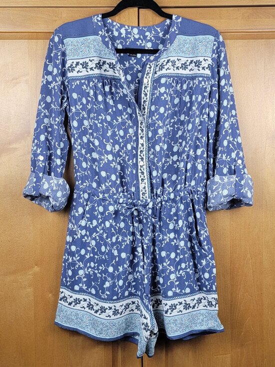 Ann Taylor LOFT Blue Green Floral Romper With Pockets - XS - Picture 4 of 11